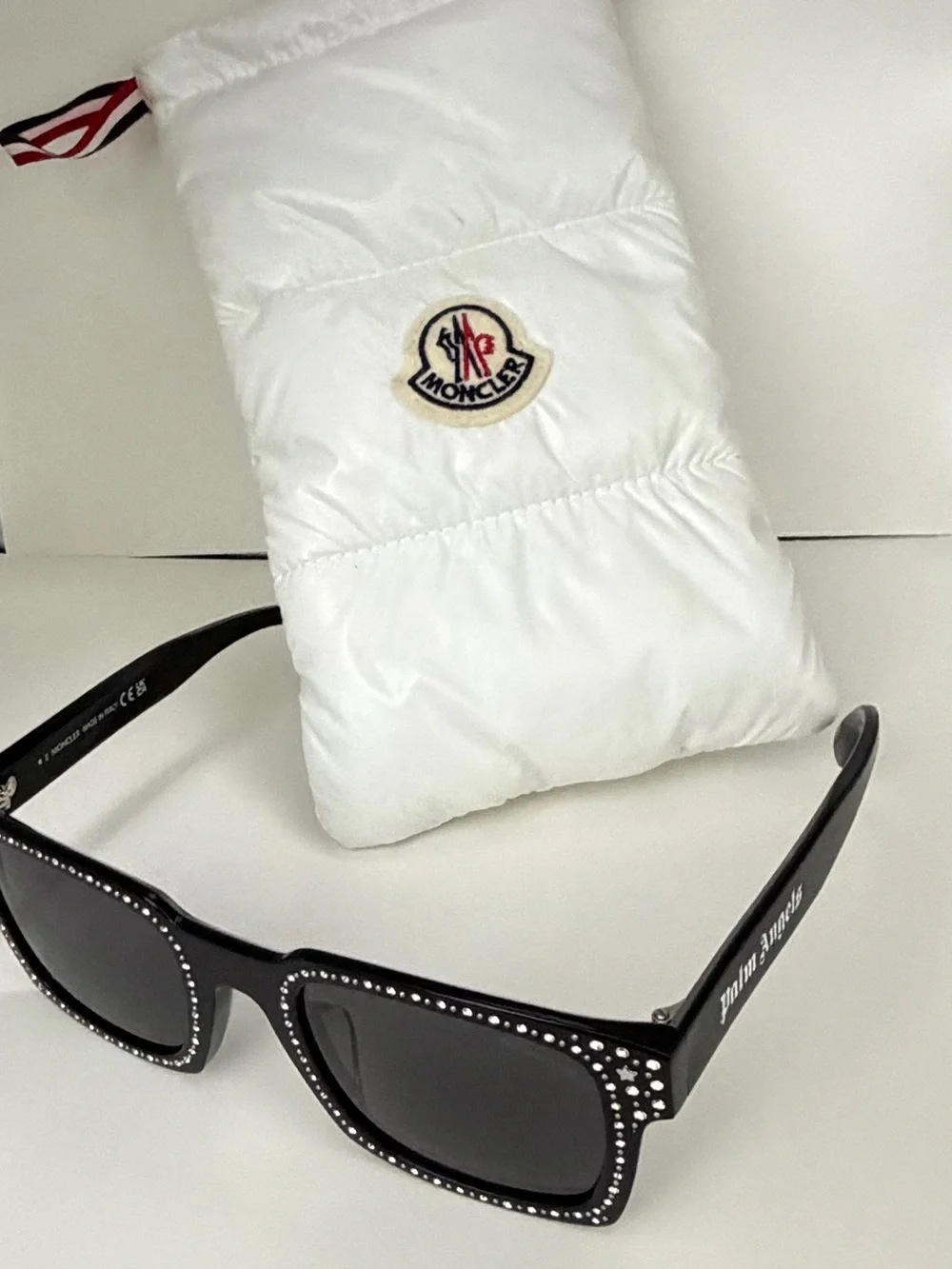 Moncler Black Crystal-Trim Rectangular Sunglasses with White Pouch